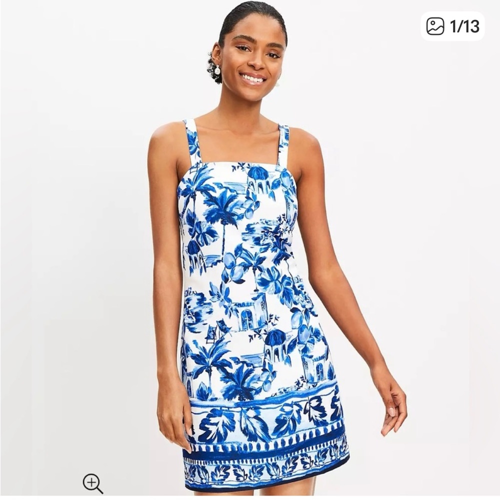 NWT LOFT Blue and White Corfu Tropical Print Linen Blend Dress, 14